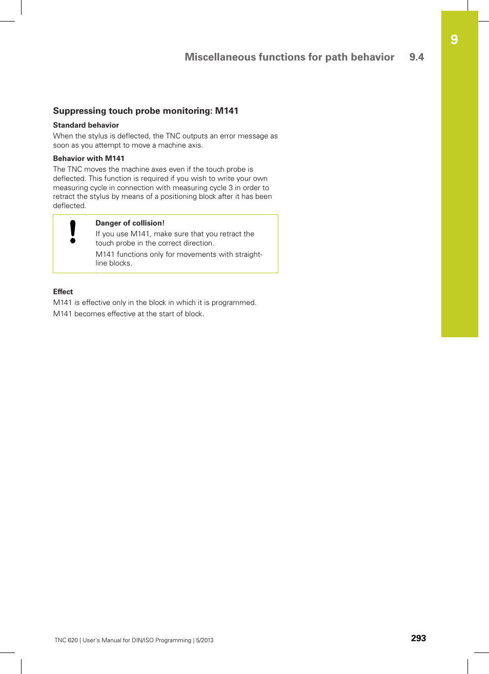 Suppressing touch probe monitoring: m141, Miscellaneous functions for path behavior 9.4 | HEIDENHAIN TNC 620 (34056x-04) ISO programming User Manual | Page 293 / 531