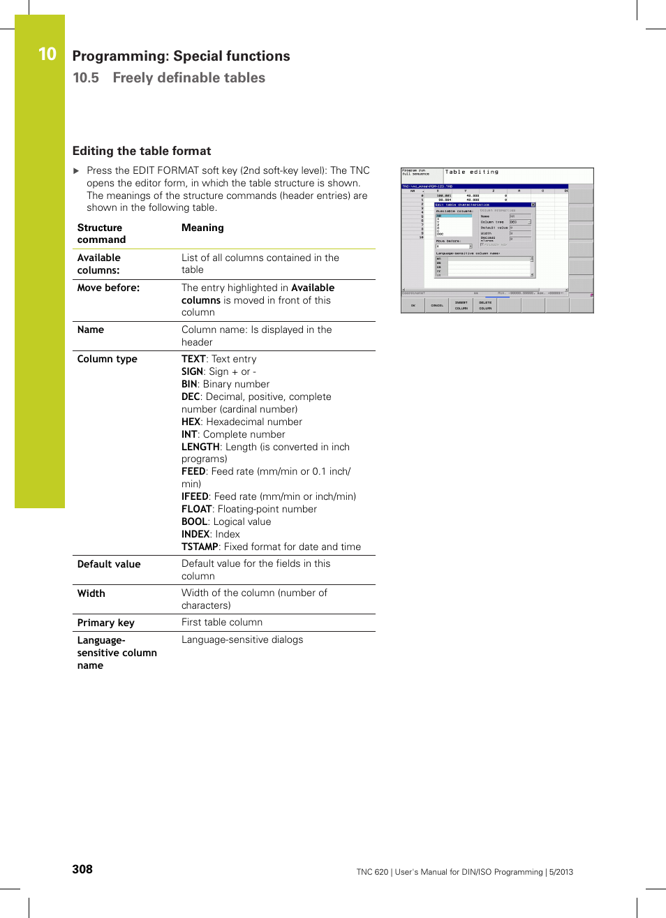 Editing the table format | HEIDENHAIN TNC 620 (34056x-04) ISO programming User Manual | Page 308 / 531
