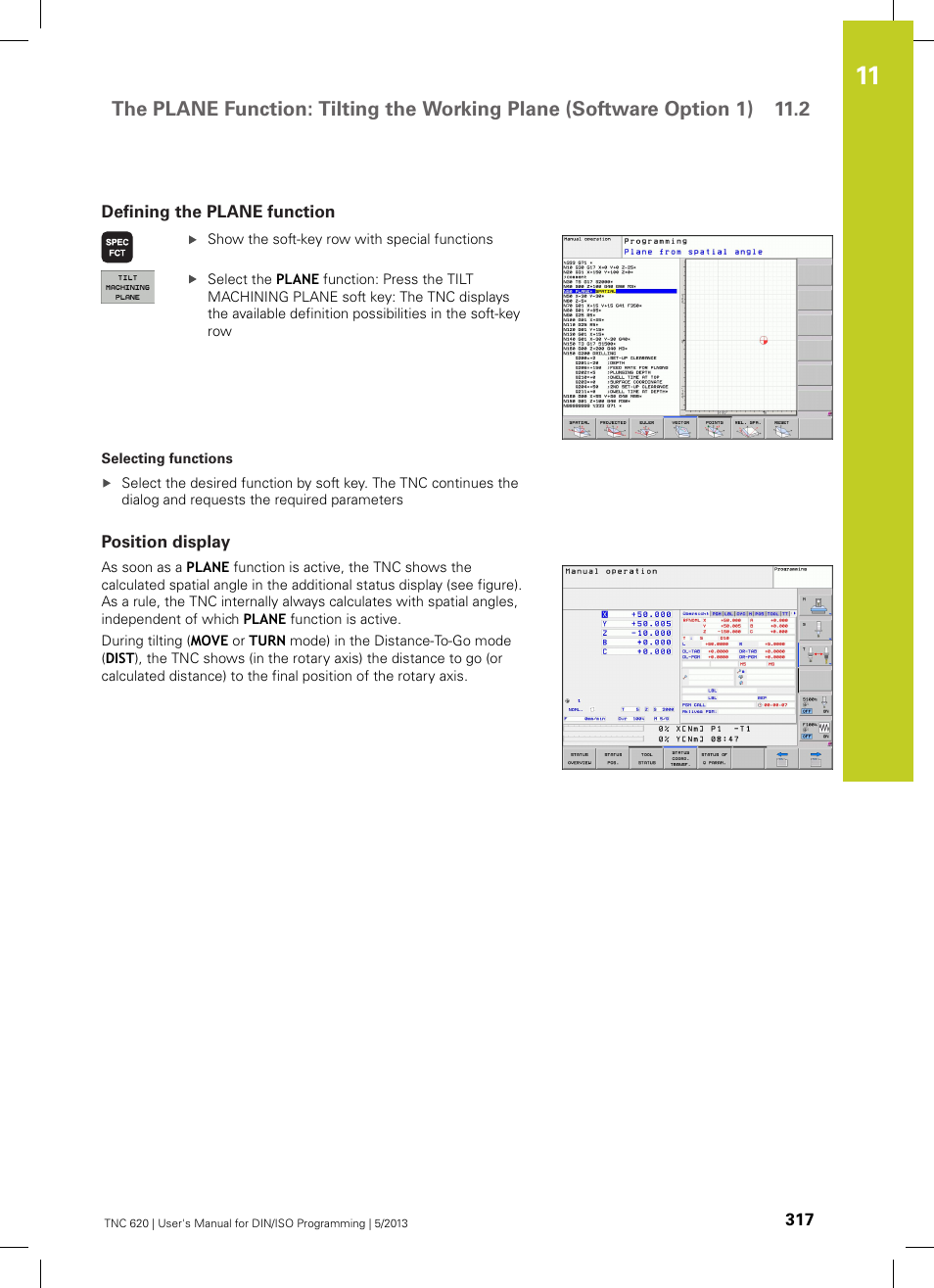 Defining the plane function, Position display | HEIDENHAIN TNC 620 (34056x-04) ISO programming User Manual | Page 317 / 531