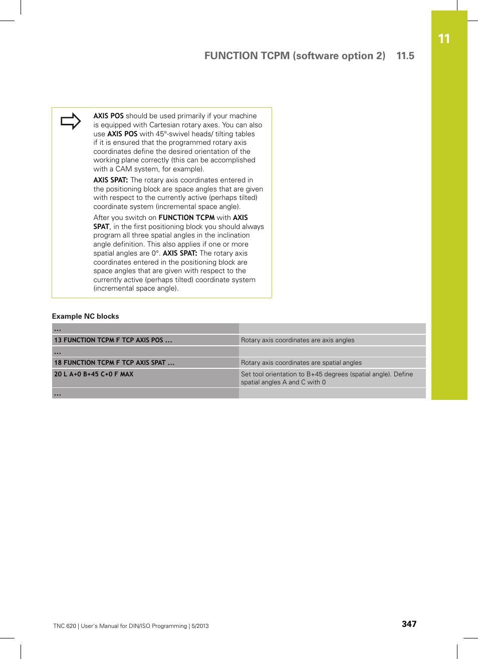 Function tcpm (software option 2) 11.5 | HEIDENHAIN TNC 620 (34056x-04) ISO programming User Manual | Page 347 / 531