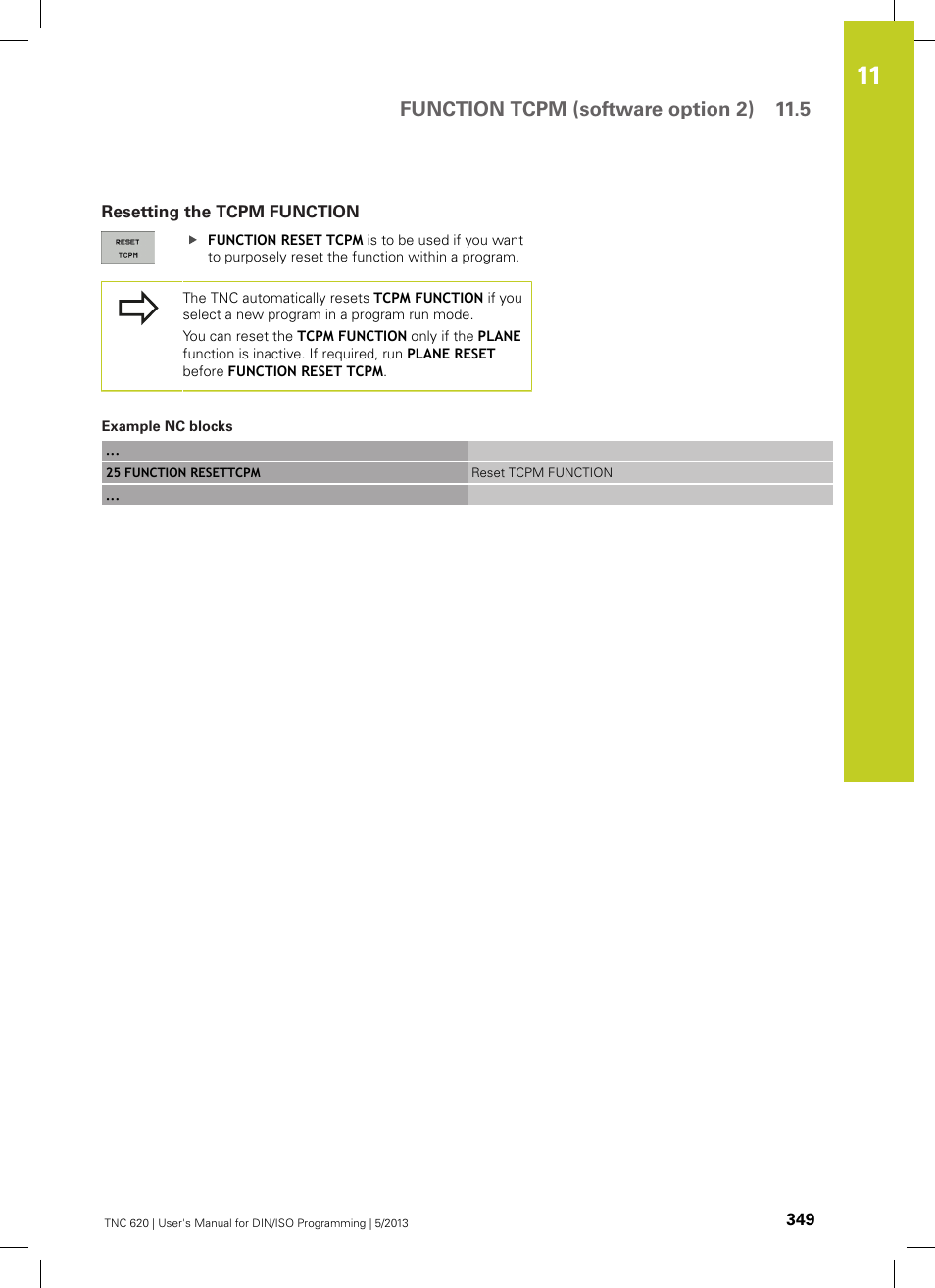 Resetting the tcpm function, Function tcpm (software option 2) 11.5 | HEIDENHAIN TNC 620 (34056x-04) ISO programming User Manual | Page 349 / 531