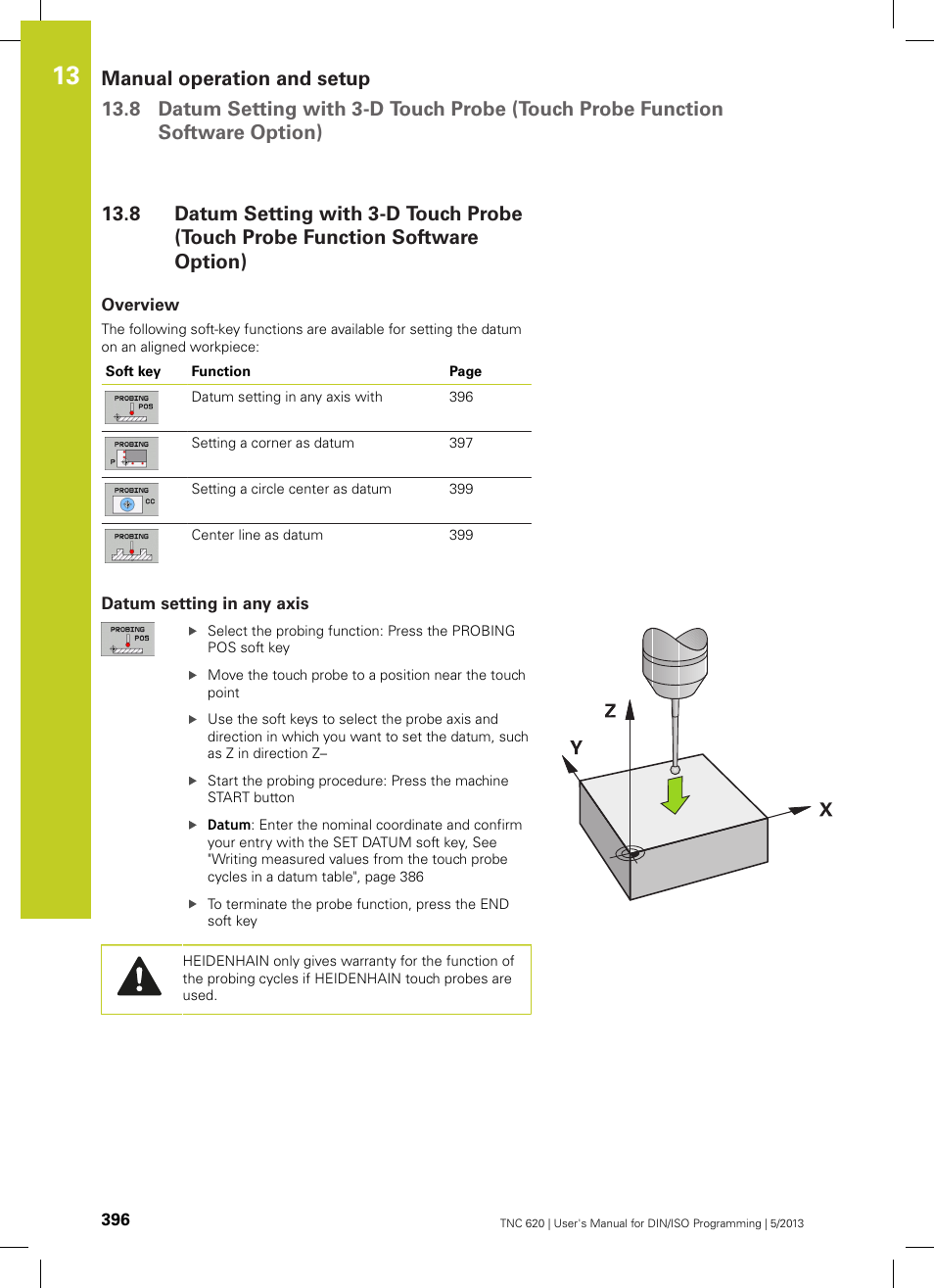 Overview, Datum setting in any axis | HEIDENHAIN TNC 620 (34056x-04) ISO programming User Manual | Page 396 / 531