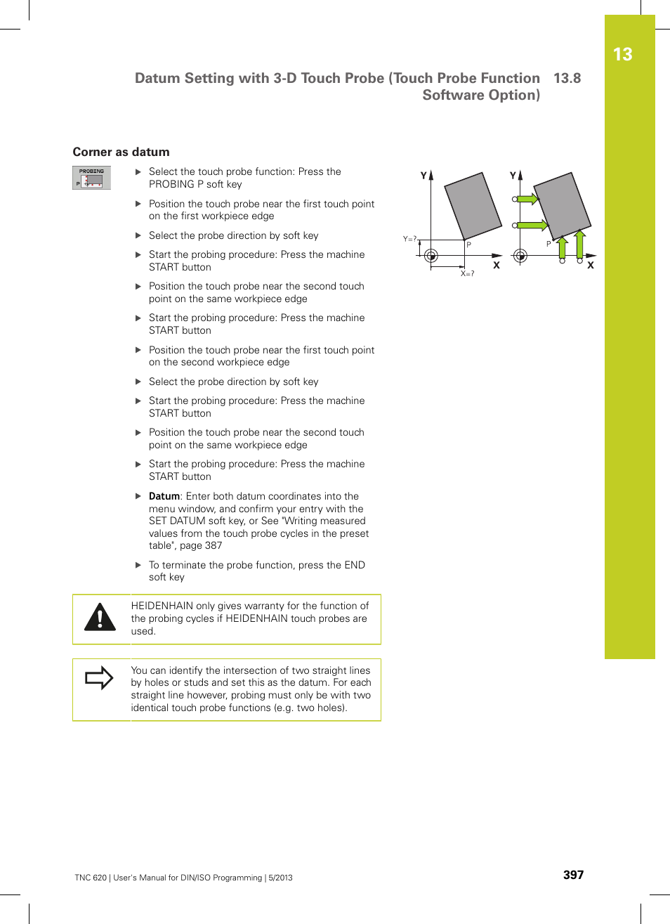 Corner as datum | HEIDENHAIN TNC 620 (34056x-04) ISO programming User Manual | Page 397 / 531