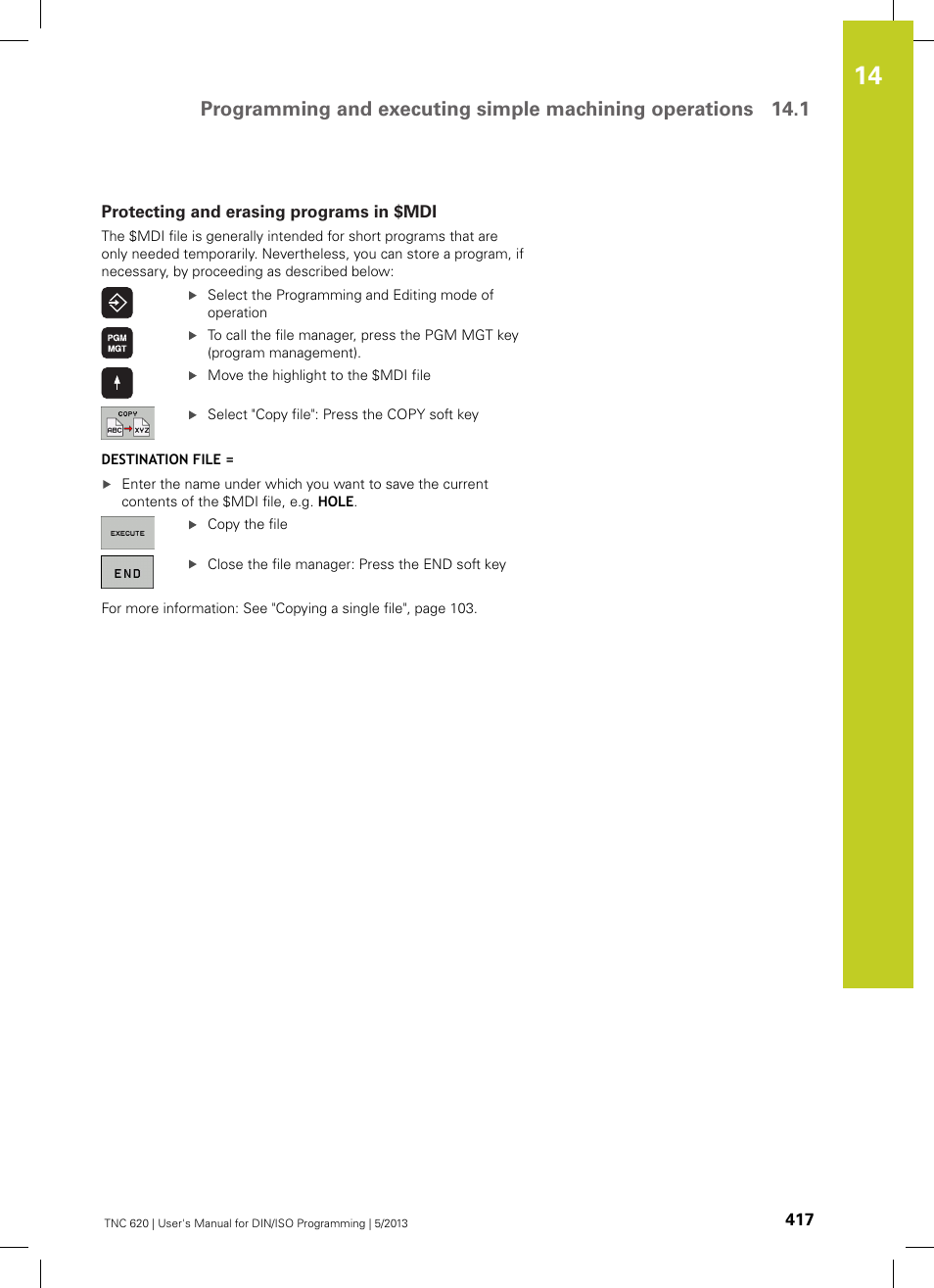 Protecting and erasing programs in $mdi | HEIDENHAIN TNC 620 (34056x-04) ISO programming User Manual | Page 417 / 531
