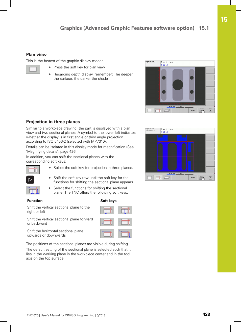 Plan view, Projection in three planes | HEIDENHAIN TNC 620 (34056x-04) ISO programming User Manual | Page 423 / 531