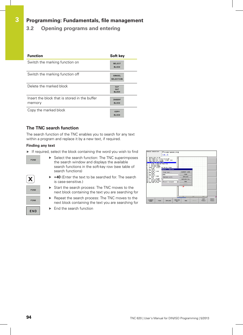 The tnc search function | HEIDENHAIN TNC 620 (34056x-04) ISO programming User Manual | Page 94 / 531