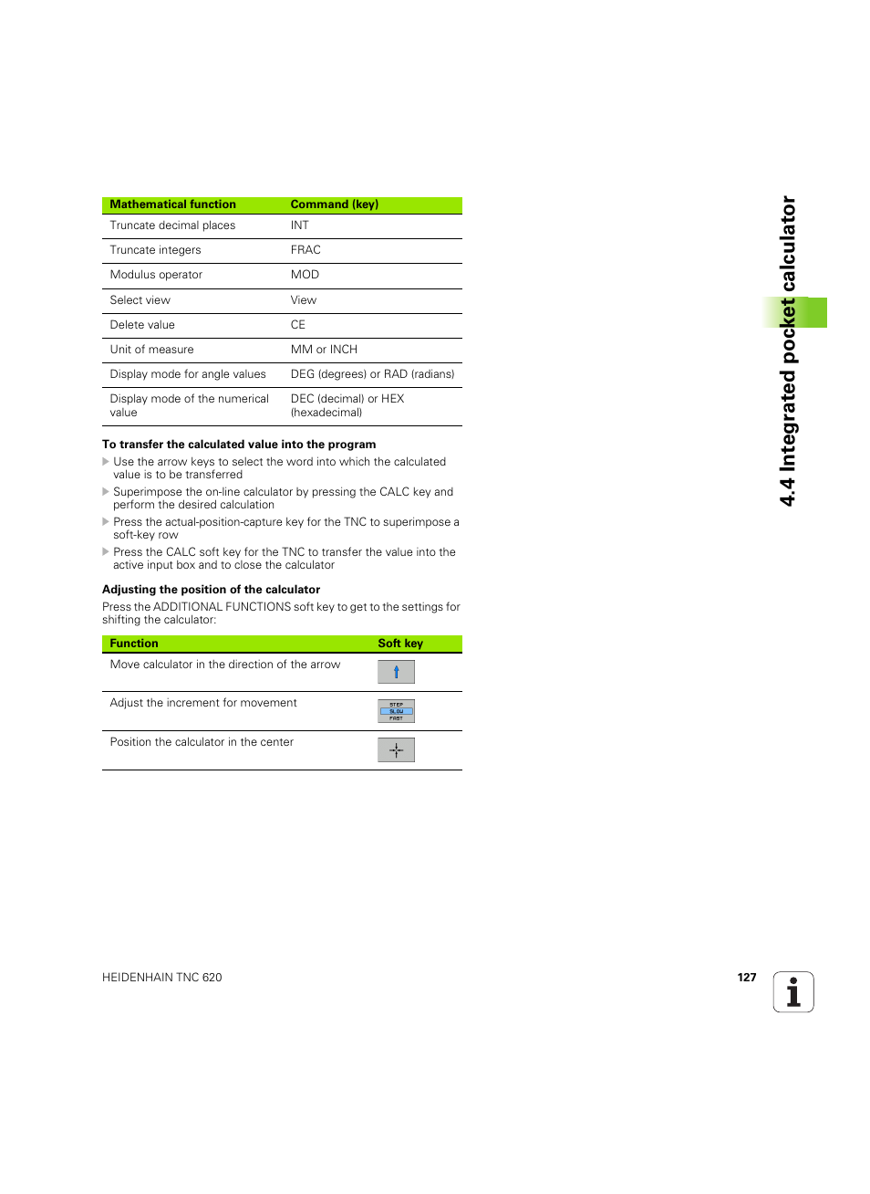 4 int e gr at ed poc k et calculat or | HEIDENHAIN TNC 620 (73498x-01) User Manual | Page 127 / 547