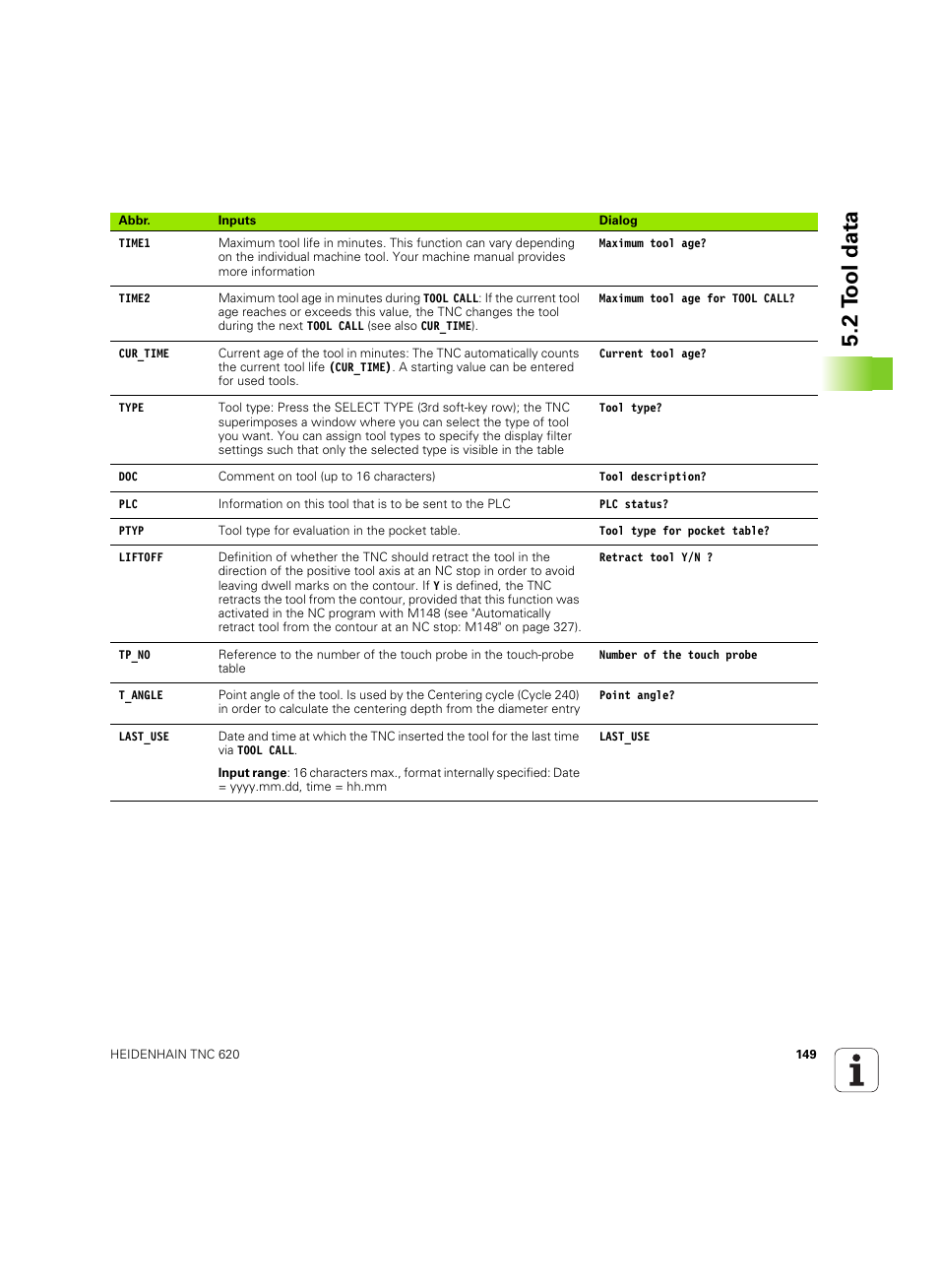 2 t ool data | HEIDENHAIN TNC 620 (73498x-01) User Manual | Page 149 / 547