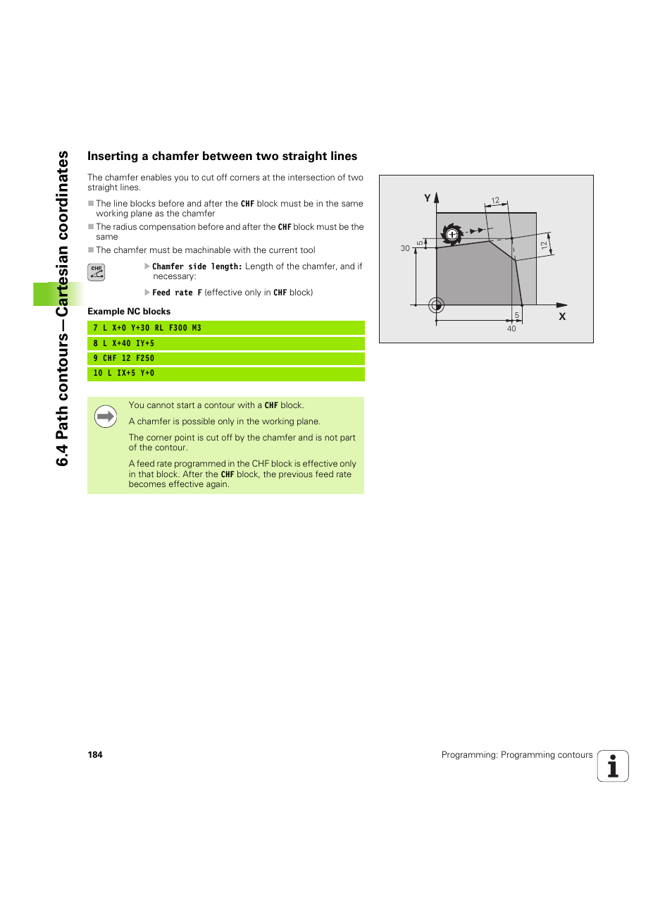 Inserting a chamfer between two straight lines, 4 p a th cont ours—car te sian coor dinat e s | HEIDENHAIN TNC 620 (73498x-01) User Manual | Page 184 / 547