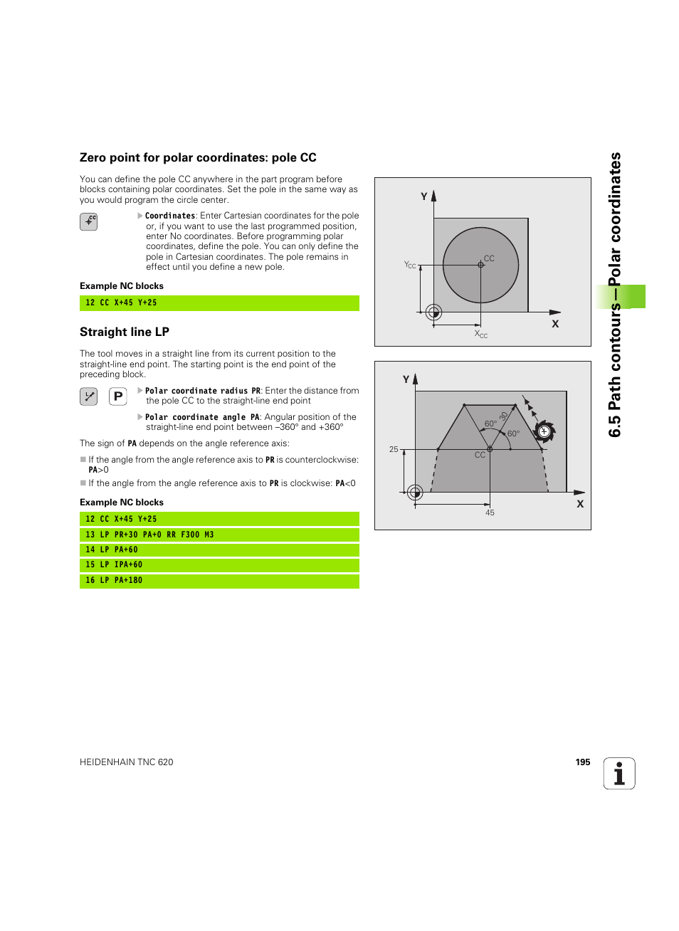 Zero point for polar coordinates: pole cc, Straight line lp, 5 p a th cont ours—p olar coor dinat e s | HEIDENHAIN TNC 620 (73498x-01) User Manual | Page 195 / 547