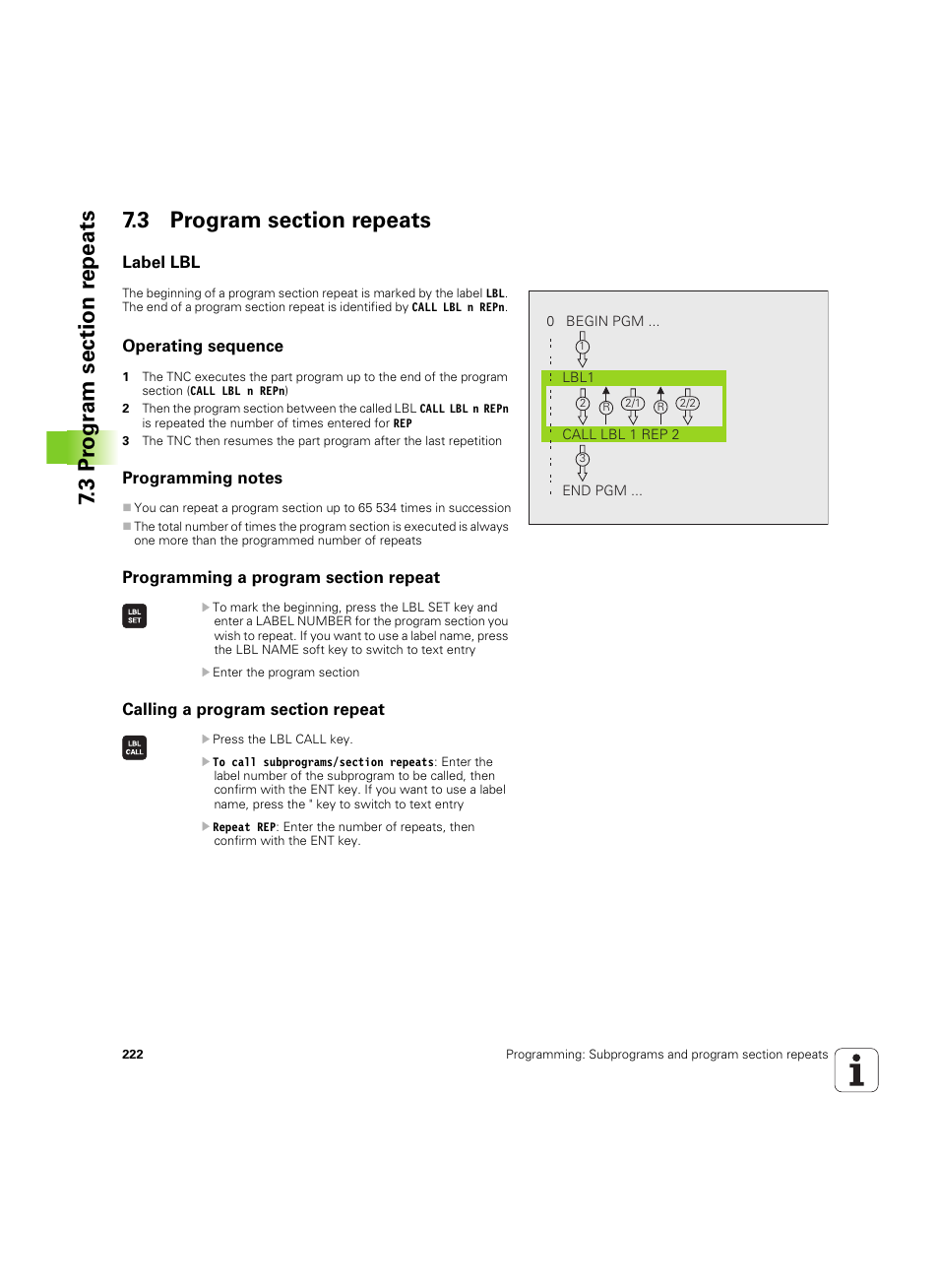 3 program section repeats, Label lbl, Operating sequence | Programming notes, Programming a program section repeat, Calling a program section repeat | HEIDENHAIN TNC 620 (73498x-01) User Manual | Page 222 / 547