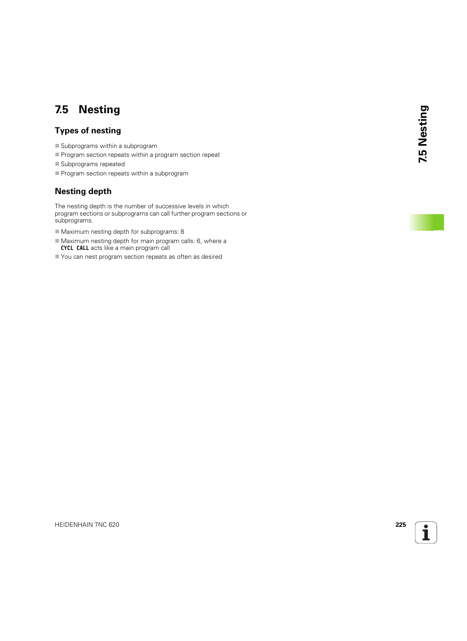 5 nesting, Types of nesting, Nesting depth | 5 nesting 7.5 nesting | HEIDENHAIN TNC 620 (73498x-01) User Manual | Page 225 / 547