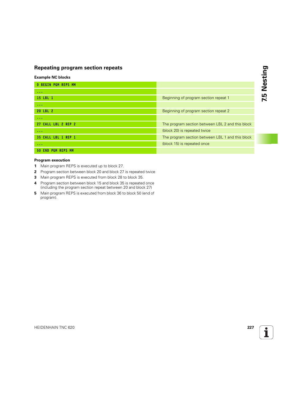 Repeating program section repeats, 5 nesting | HEIDENHAIN TNC 620 (73498x-01) User Manual | Page 227 / 547