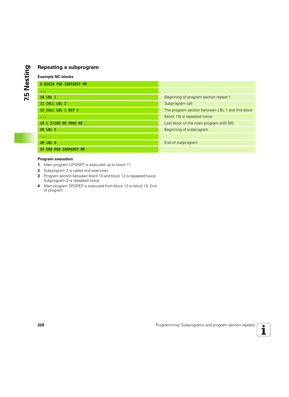 Repeating a subprogram, 5 nesting | HEIDENHAIN TNC 620 (73498x-01) User Manual | Page 228 / 547