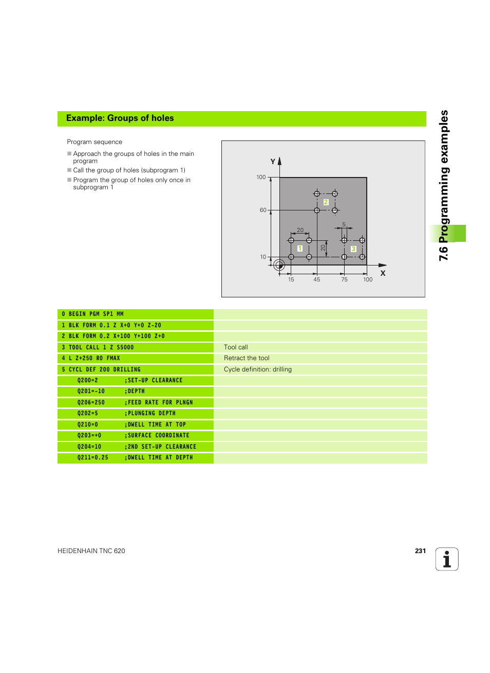 6 pr ogr amming examples, Example: groups of holes | HEIDENHAIN TNC 620 (73498x-01) User Manual | Page 231 / 547