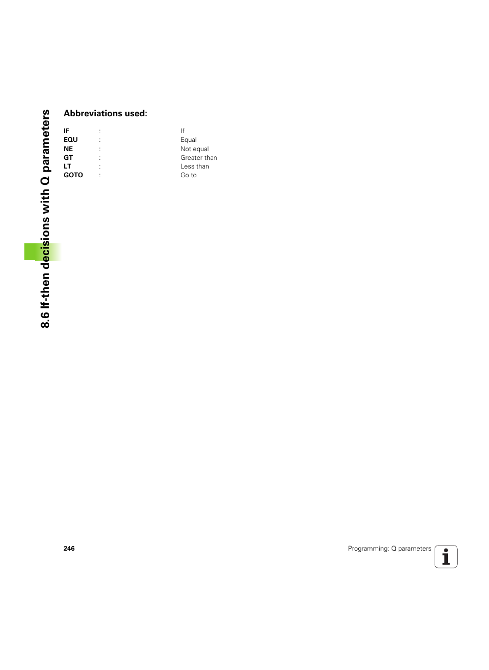 Abbreviations used, 6 if-then decisions with q p ar amet ers | HEIDENHAIN TNC 620 (73498x-01) User Manual | Page 246 / 547