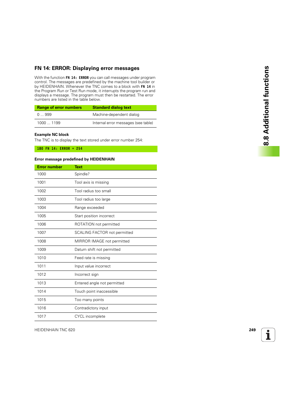 Fn 14: error: displaying error messages, 8 a d ditional functions | HEIDENHAIN TNC 620 (73498x-01) User Manual | Page 249 / 547