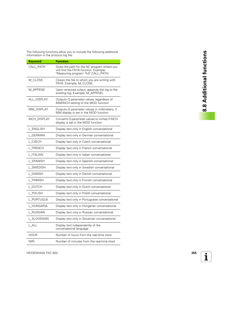 8 a d ditional functions | HEIDENHAIN TNC 620 (73498x-01) User Manual | Page 255 / 547