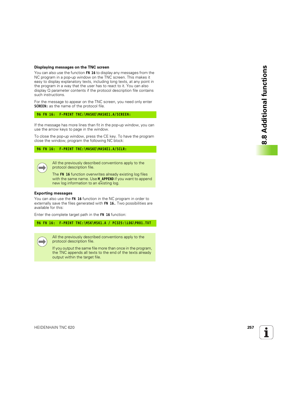 8 a d ditional functions | HEIDENHAIN TNC 620 (73498x-01) User Manual | Page 257 / 547