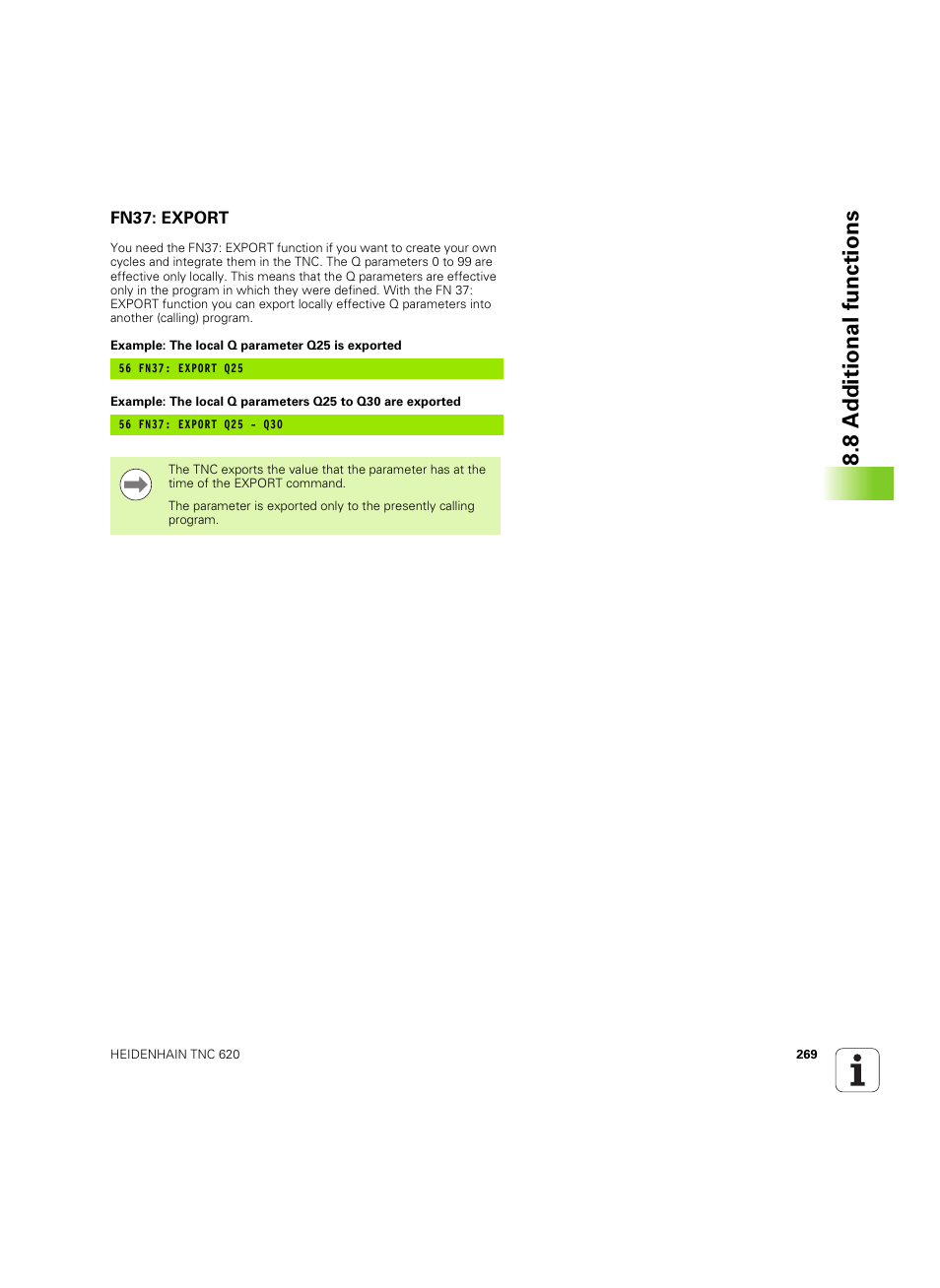Fn37: export, 8 a d ditional functions | HEIDENHAIN TNC 620 (73498x-01) User Manual | Page 269 / 547