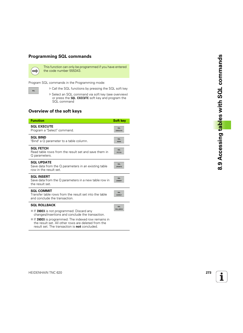 Programming sql commands, Overview of the soft keys, 9 a ccessing tables with sql commands | HEIDENHAIN TNC 620 (73498x-01) User Manual | Page 273 / 547