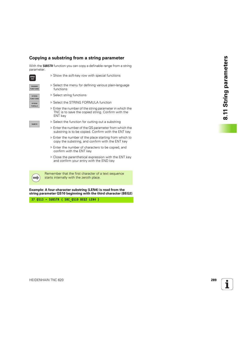 Copying a substring from a string parameter, 1 1 str ing par a met e rs | HEIDENHAIN TNC 620 (73498x-01) User Manual | Page 289 / 547