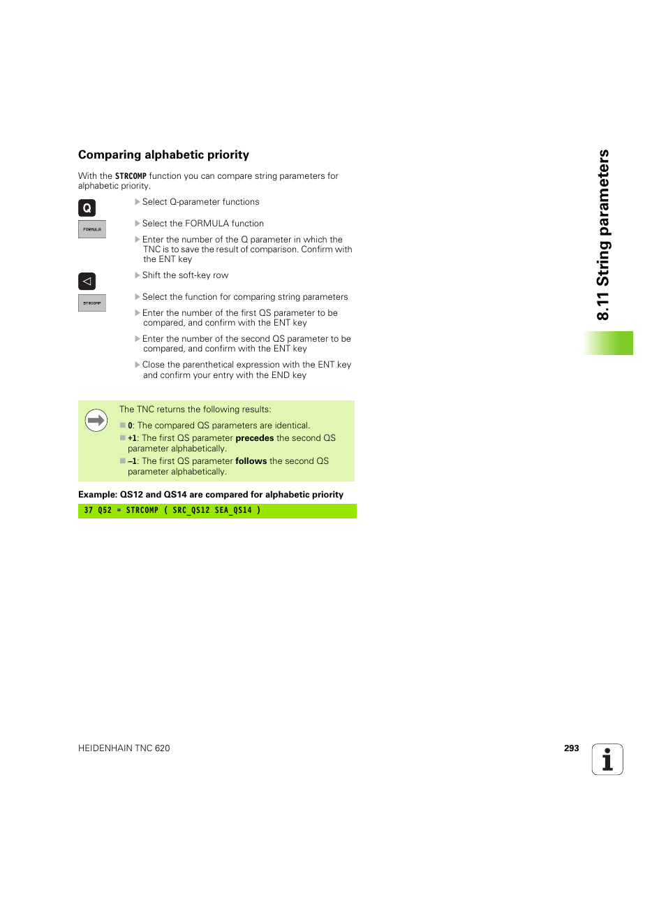 Comparing alphabetic priority, 1 1 str ing par a met e rs | HEIDENHAIN TNC 620 (73498x-01) User Manual | Page 293 / 547