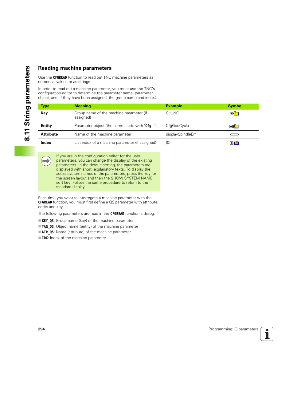 Reading machine parameters, 1 1 str ing par a met e rs | HEIDENHAIN TNC 620 (73498x-01) User Manual | Page 294 / 547
