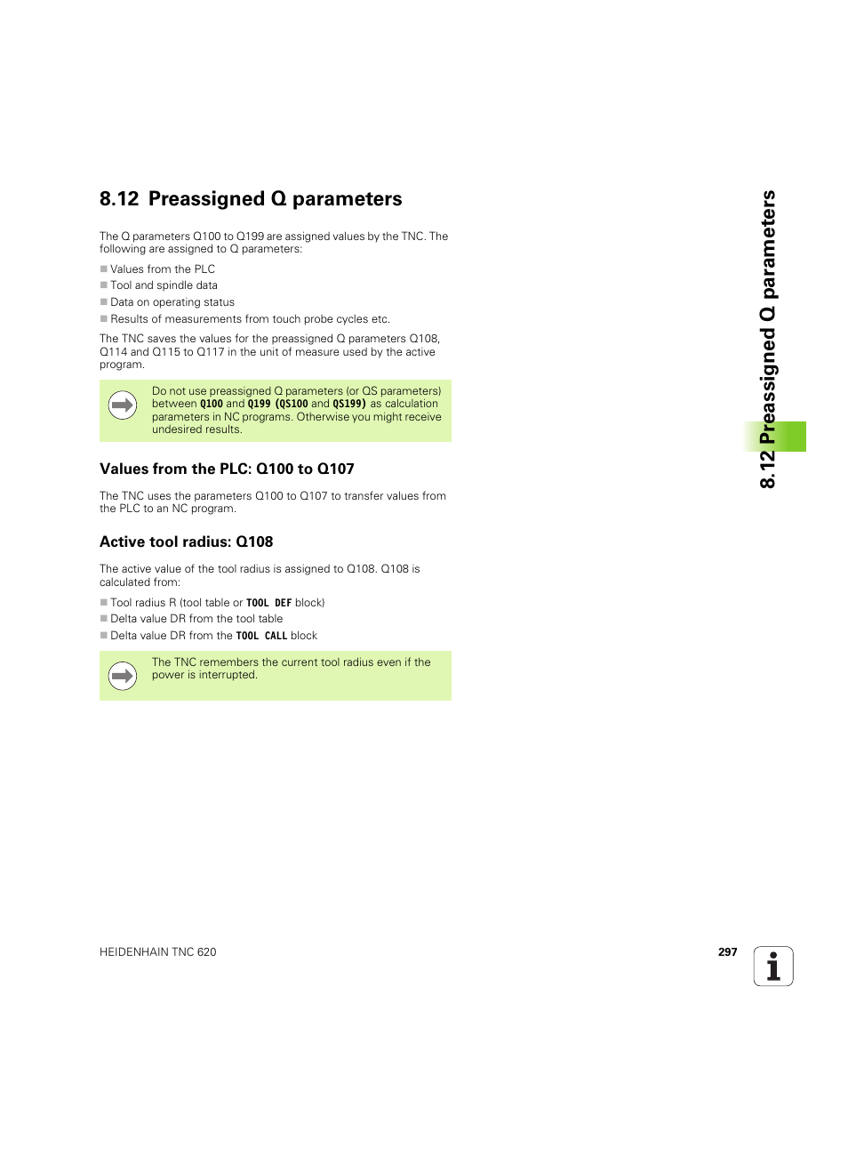 12 preassigned q parameters, Values from the plc: q100 to q107, Active tool radius: q108 | HEIDENHAIN TNC 620 (73498x-01) User Manual | Page 297 / 547