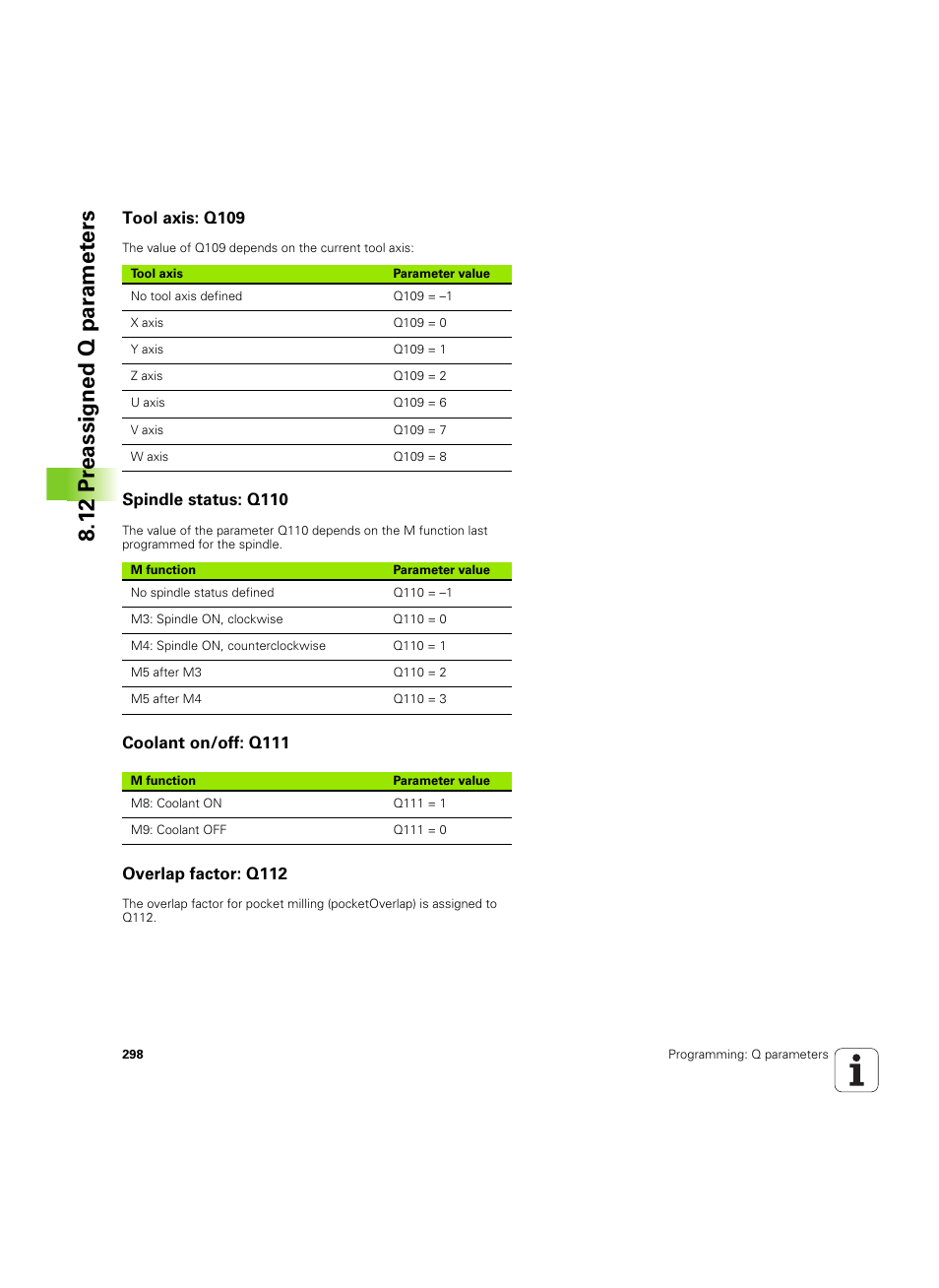 Tool axis: q109, Spindle status: q110, Coolant on/off: q111 | Overlap factor: q112, 12 pr eassigned q par a met e rs | HEIDENHAIN TNC 620 (73498x-01) User Manual | Page 298 / 547