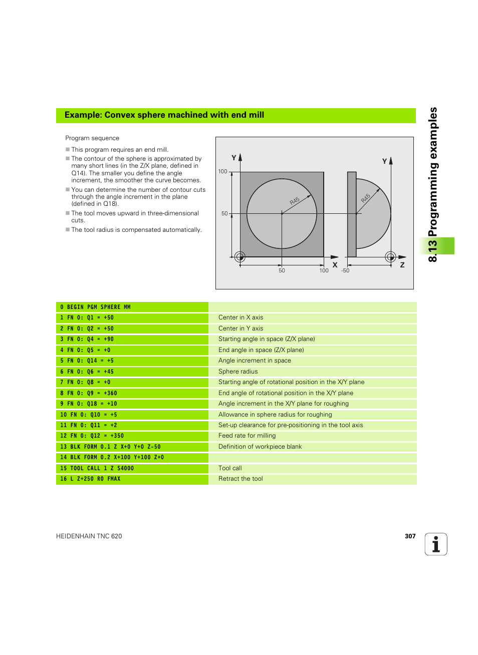13 pr ogr amming examples, Example: convex sphere machined with end mill | HEIDENHAIN TNC 620 (73498x-01) User Manual | Page 307 / 547