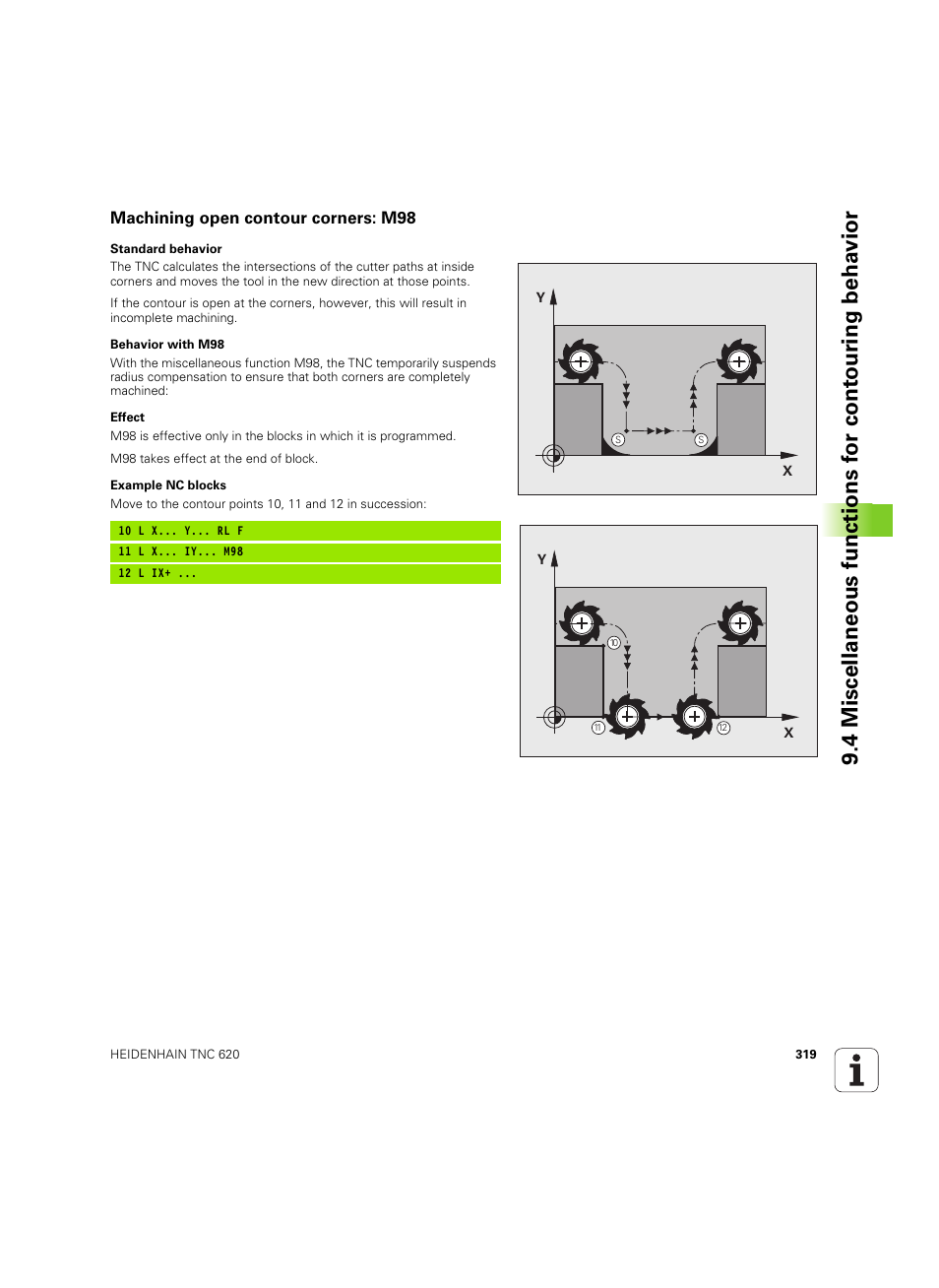 Machining open contour corners: m98 | HEIDENHAIN TNC 620 (73498x-01) User Manual | Page 319 / 547