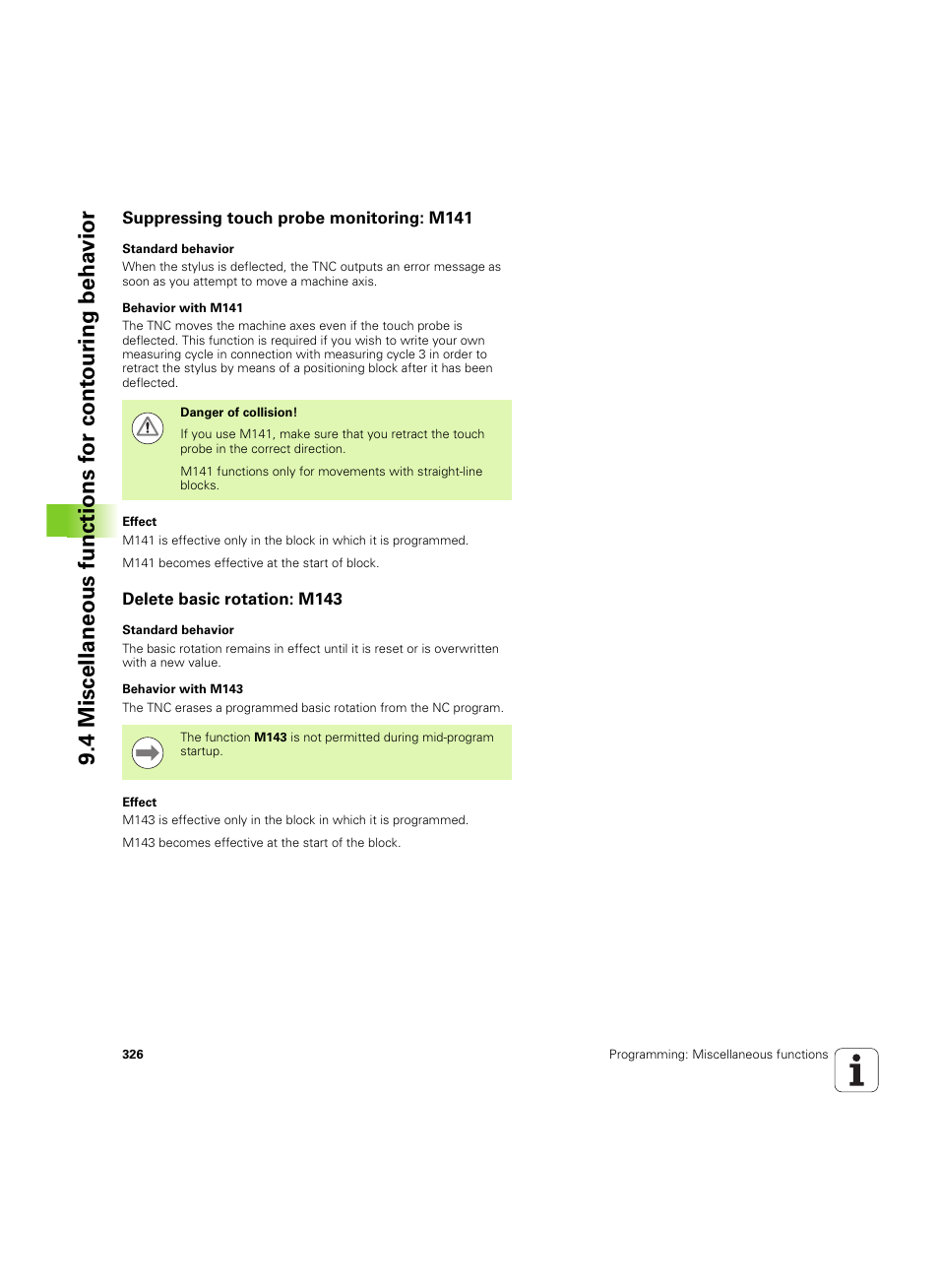 Suppressing touch probe monitoring: m141, Delete basic rotation: m143 | HEIDENHAIN TNC 620 (73498x-01) User Manual | Page 326 / 547