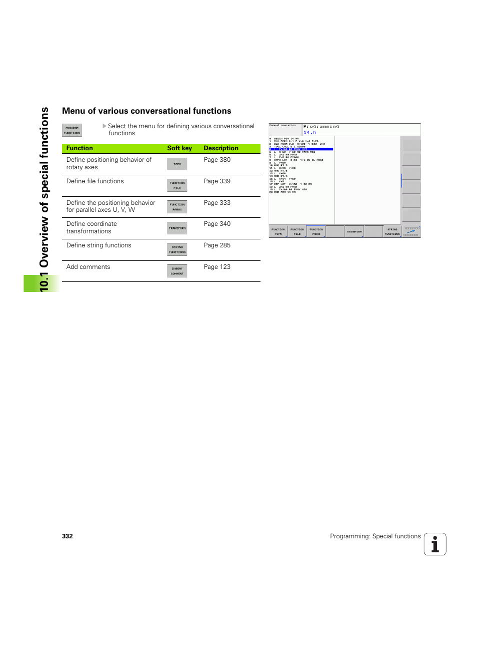 Menu of various conversational functions, 10 .1 ov erview of special functions | HEIDENHAIN TNC 620 (73498x-01) User Manual | Page 332 / 547