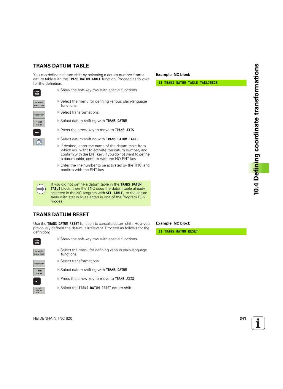 Trans datum table, Trans datum reset, 10 .4 defining coor dinat e tr ansf or mations | HEIDENHAIN TNC 620 (73498x-01) User Manual | Page 341 / 547