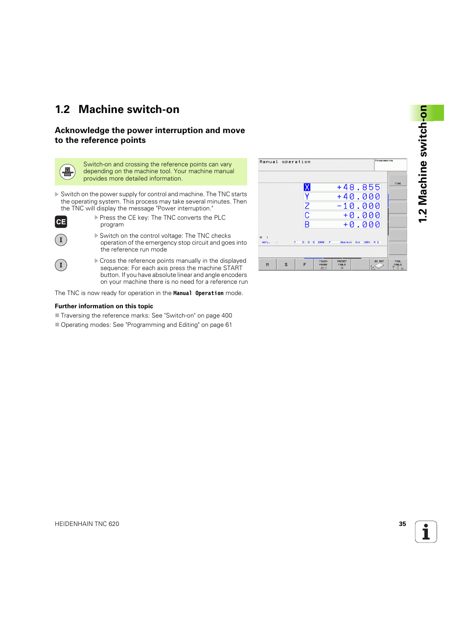 2 machine switch-on | HEIDENHAIN TNC 620 (73498x-01) User Manual | Page 35 / 547
