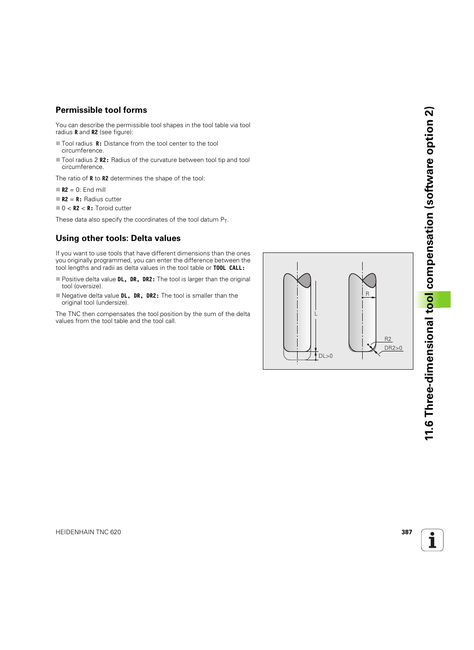 Permissible tool forms, Using other tools: delta values | HEIDENHAIN TNC 620 (73498x-01) User Manual | Page 387 / 547