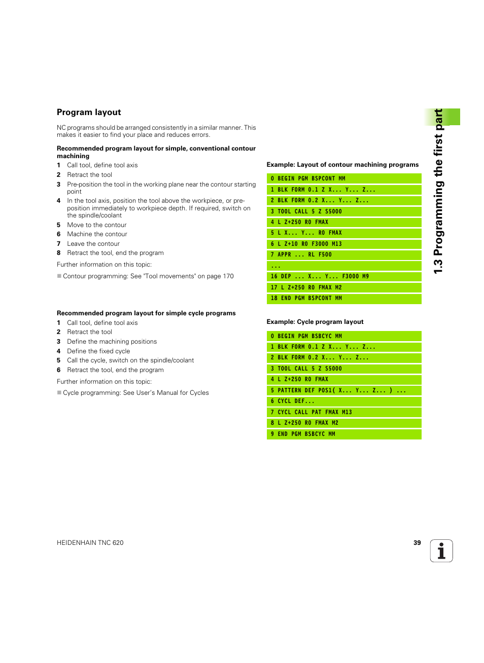 Program layout, 3 pr ogr amming the first par t | HEIDENHAIN TNC 620 (73498x-01) User Manual | Page 39 / 547