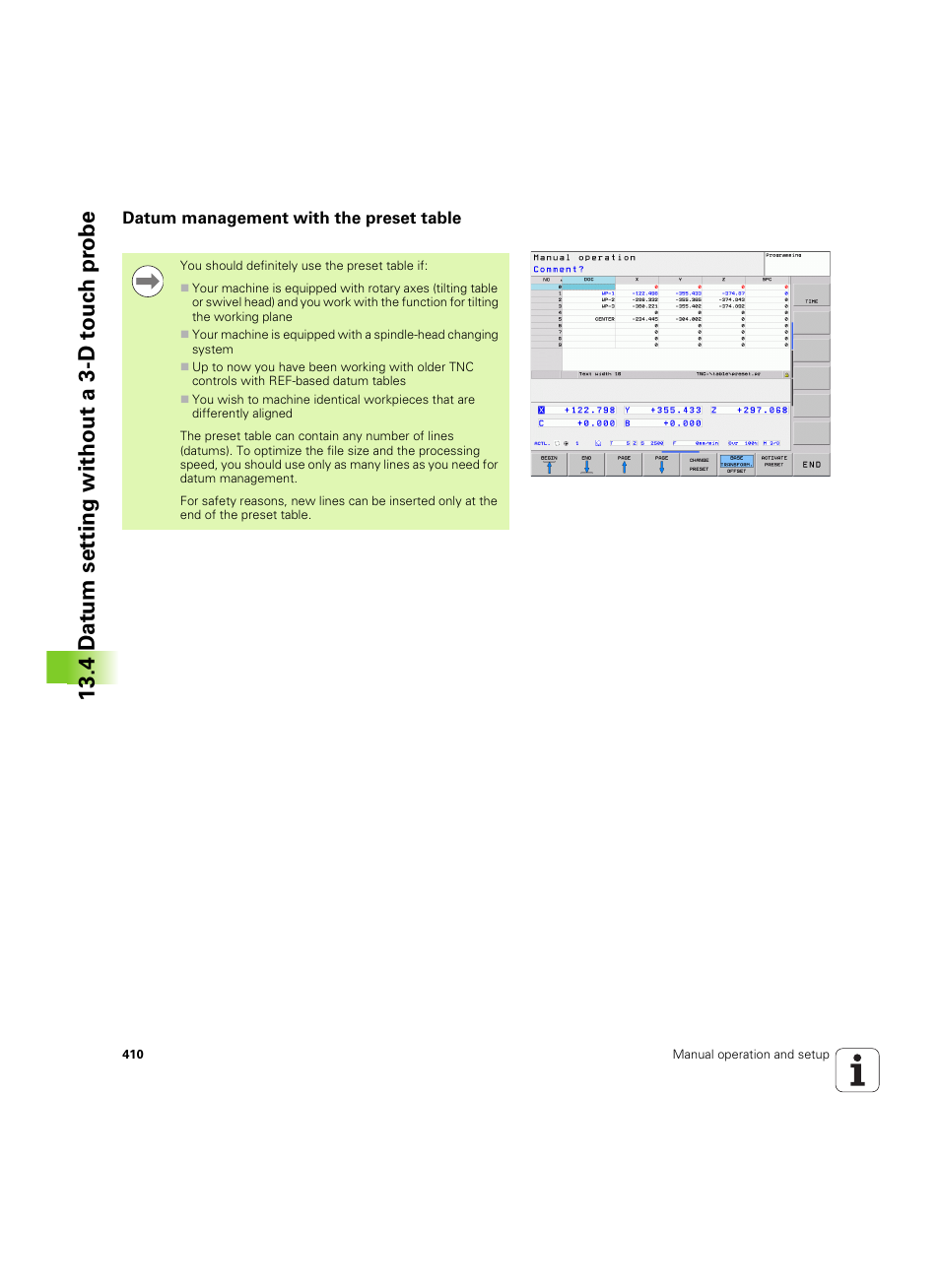 Datum management with the preset table, 4 d a tu m set ting without a 3-d touc h pr obe | HEIDENHAIN TNC 620 (73498x-01) User Manual | Page 410 / 547
