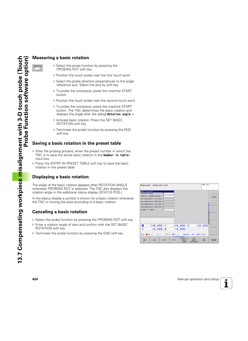 Measuring a basic rotation, Saving a basic rotation in the preset table, Displaying a basic rotation | Canceling a basic rotation | HEIDENHAIN TNC 620 (73498x-01) User Manual | Page 424 / 547