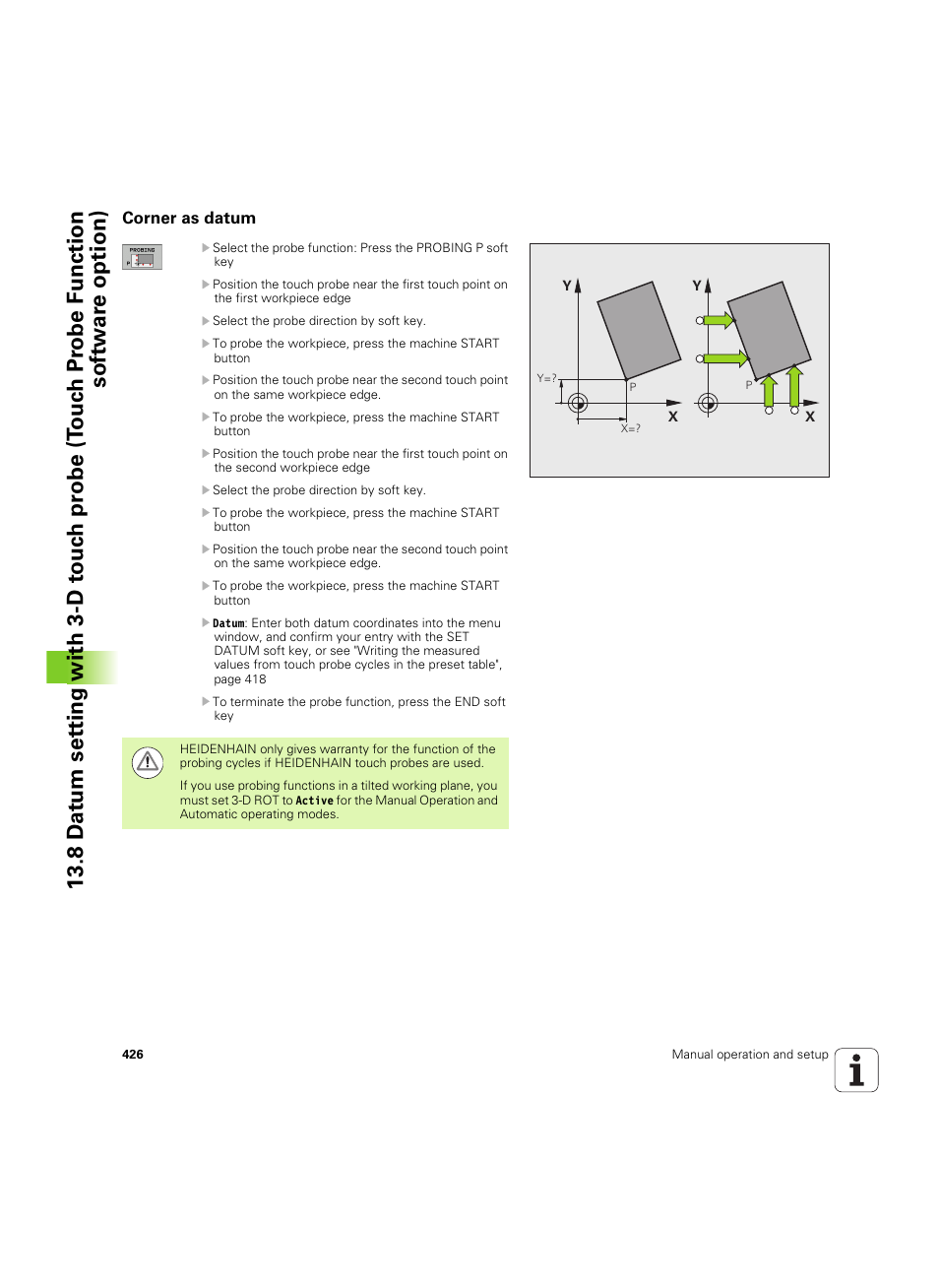 Corner as datum | HEIDENHAIN TNC 620 (73498x-01) User Manual | Page 426 / 547
