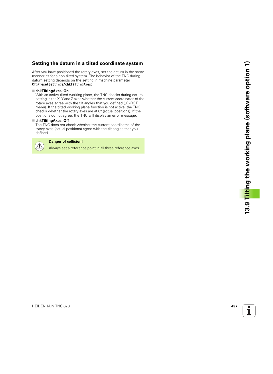 Setting the datum in a tilted coordinate system | HEIDENHAIN TNC 620 (73498x-01) User Manual | Page 437 / 547