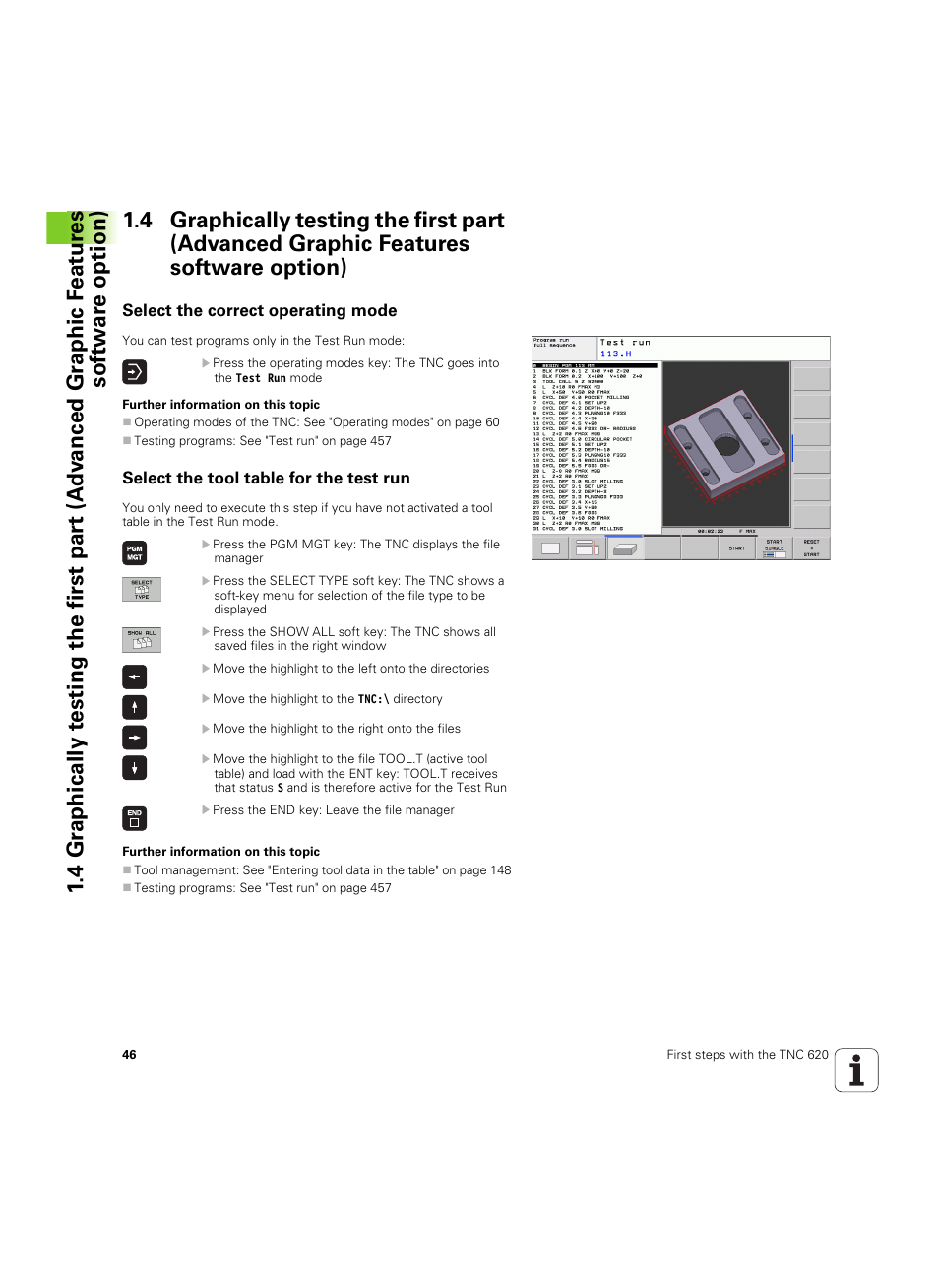 Select the correct operating mode, Select the tool table for the test run | HEIDENHAIN TNC 620 (73498x-01) User Manual | Page 46 / 547