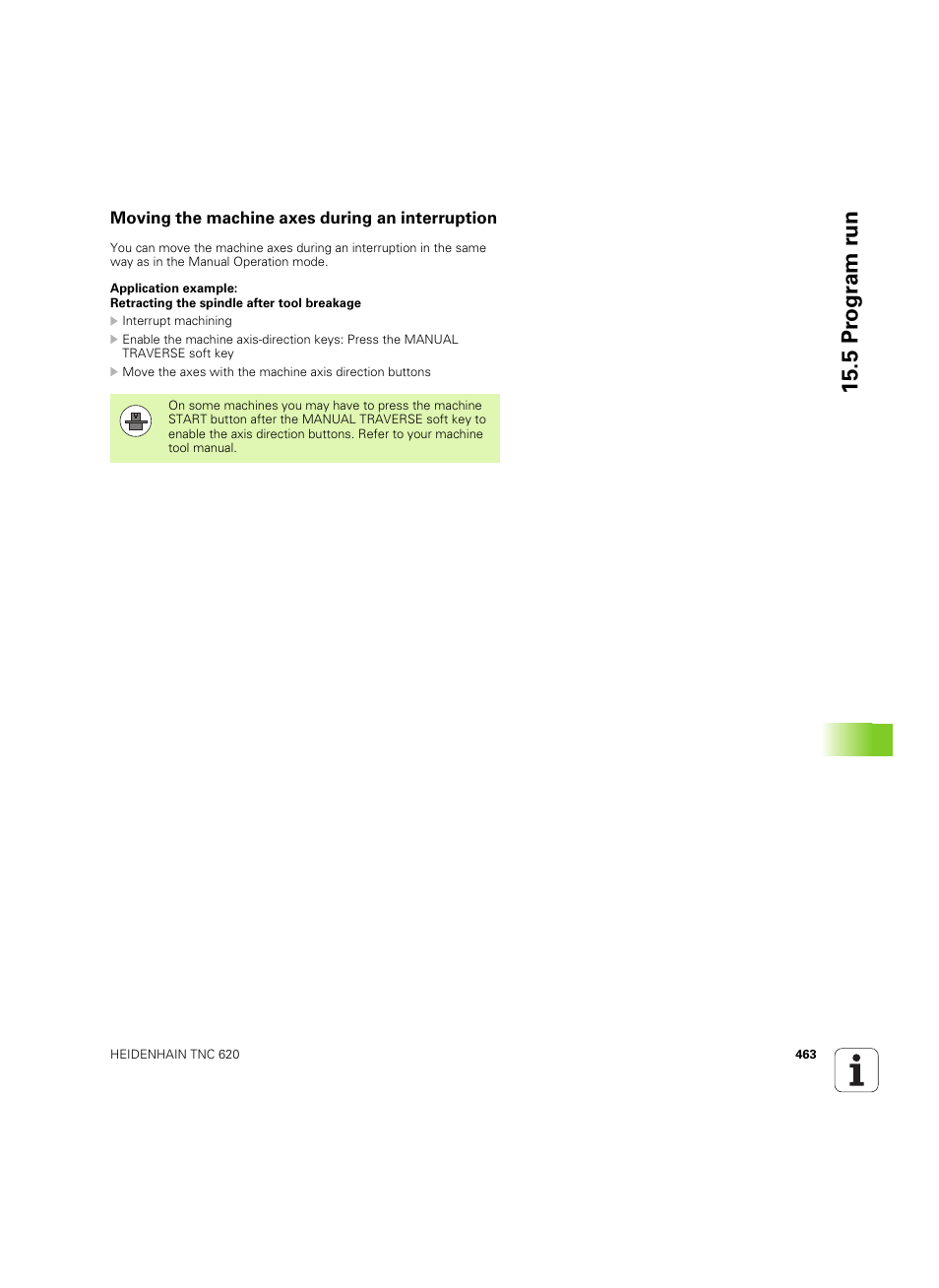 Moving the machine axes during an interruption, 5 pr ogr am r u n | HEIDENHAIN TNC 620 (73498x-01) User Manual | Page 463 / 547