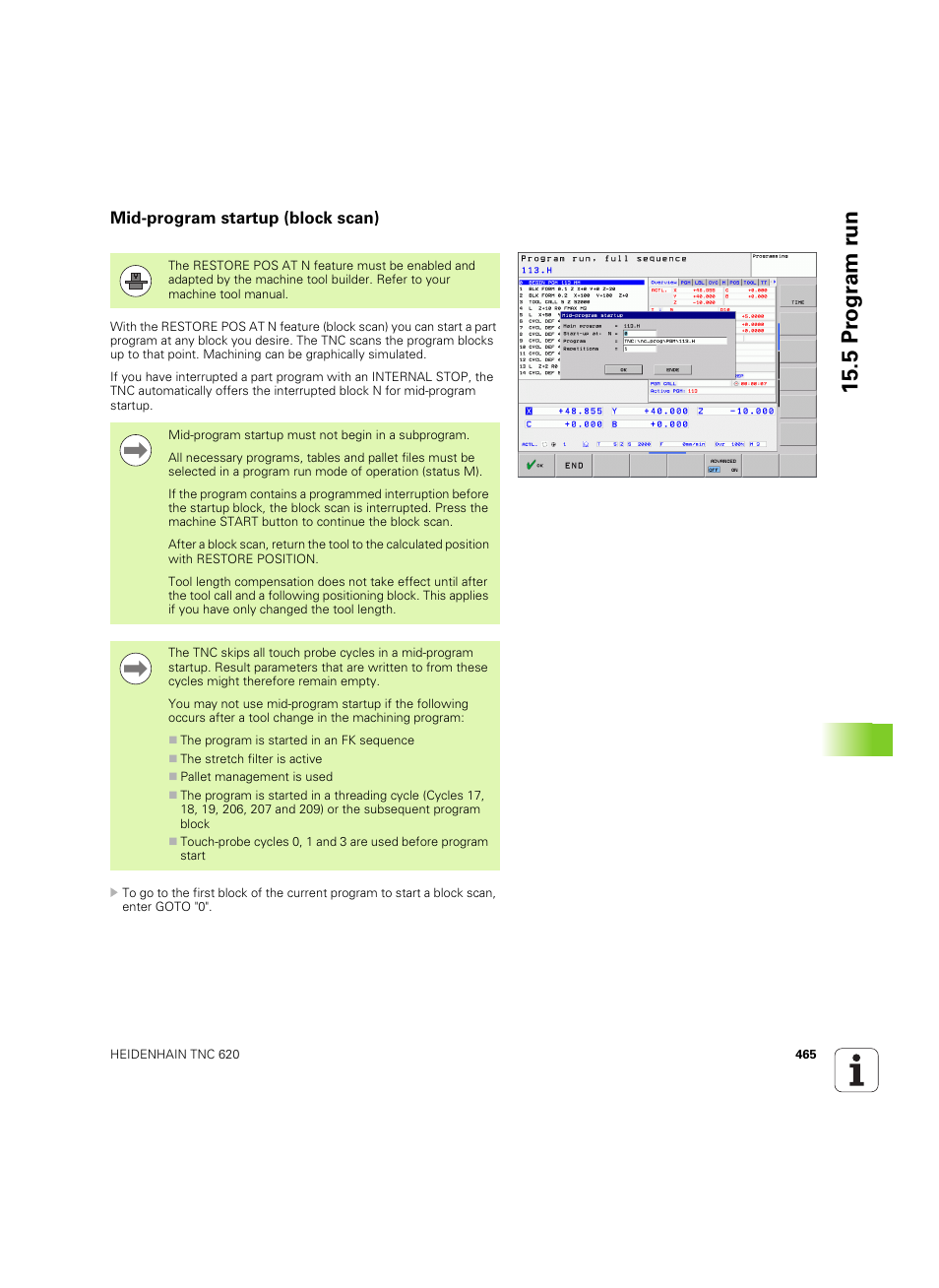 Mid-program startup (block scan), 5 pr ogr am r u n | HEIDENHAIN TNC 620 (73498x-01) User Manual | Page 465 / 547