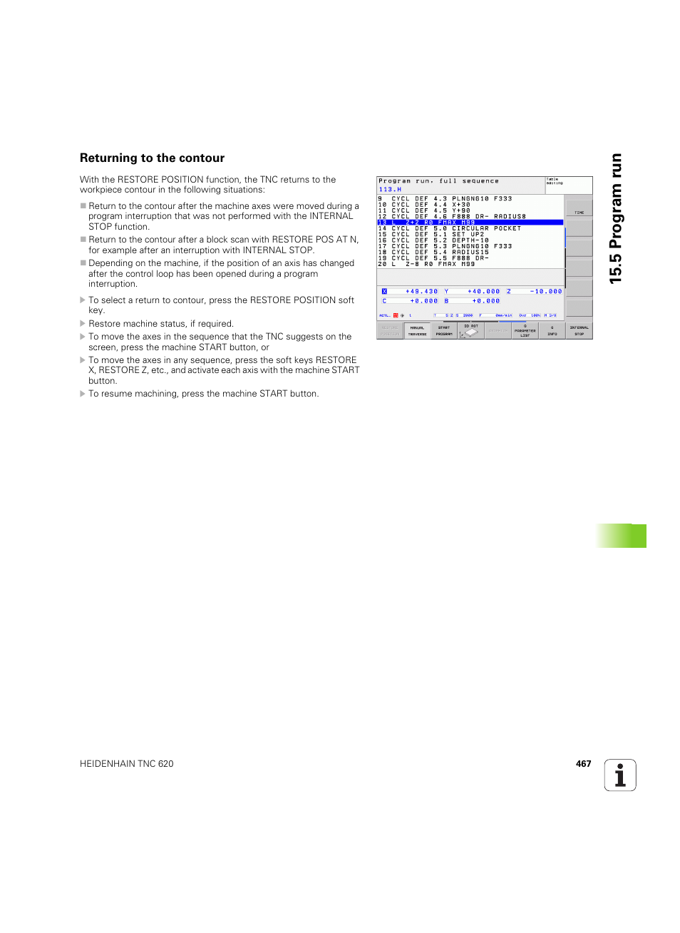Returning to the contour, 5 pr ogr am r u n | HEIDENHAIN TNC 620 (73498x-01) User Manual | Page 467 / 547