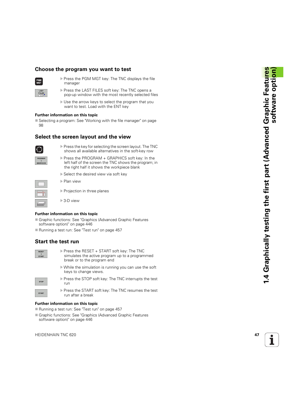 Choose the program you want to test, Select the screen layout and the view, Start the test run | HEIDENHAIN TNC 620 (73498x-01) User Manual | Page 47 / 547