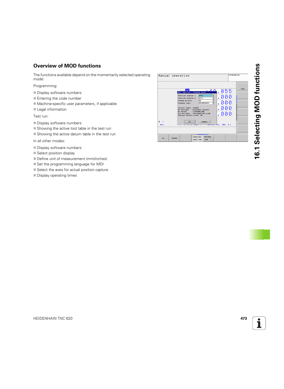 Overview of mod functions, 1 selecting mod functions | HEIDENHAIN TNC 620 (73498x-01) User Manual | Page 473 / 547