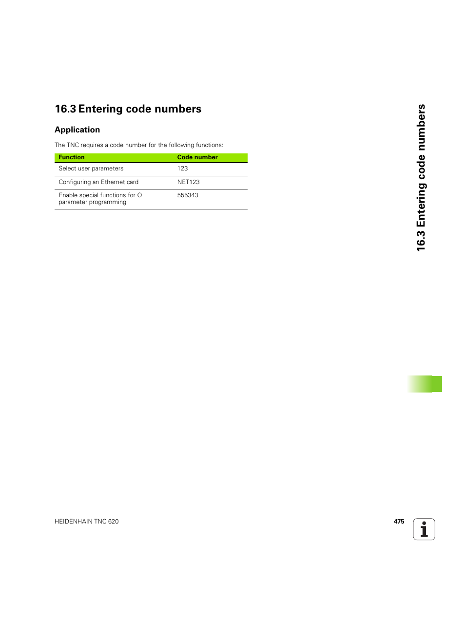 3 entering code numbers, Application | HEIDENHAIN TNC 620 (73498x-01) User Manual | Page 475 / 547