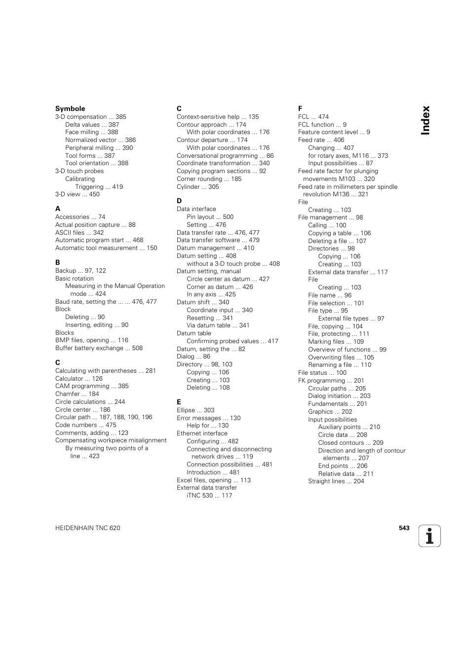 Index | HEIDENHAIN TNC 620 (73498x-01) User Manual | Page 543 / 547